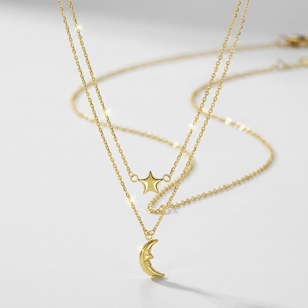 14k Yellow Gold Double-Strand Chain Necklace with Puff Moon and Star