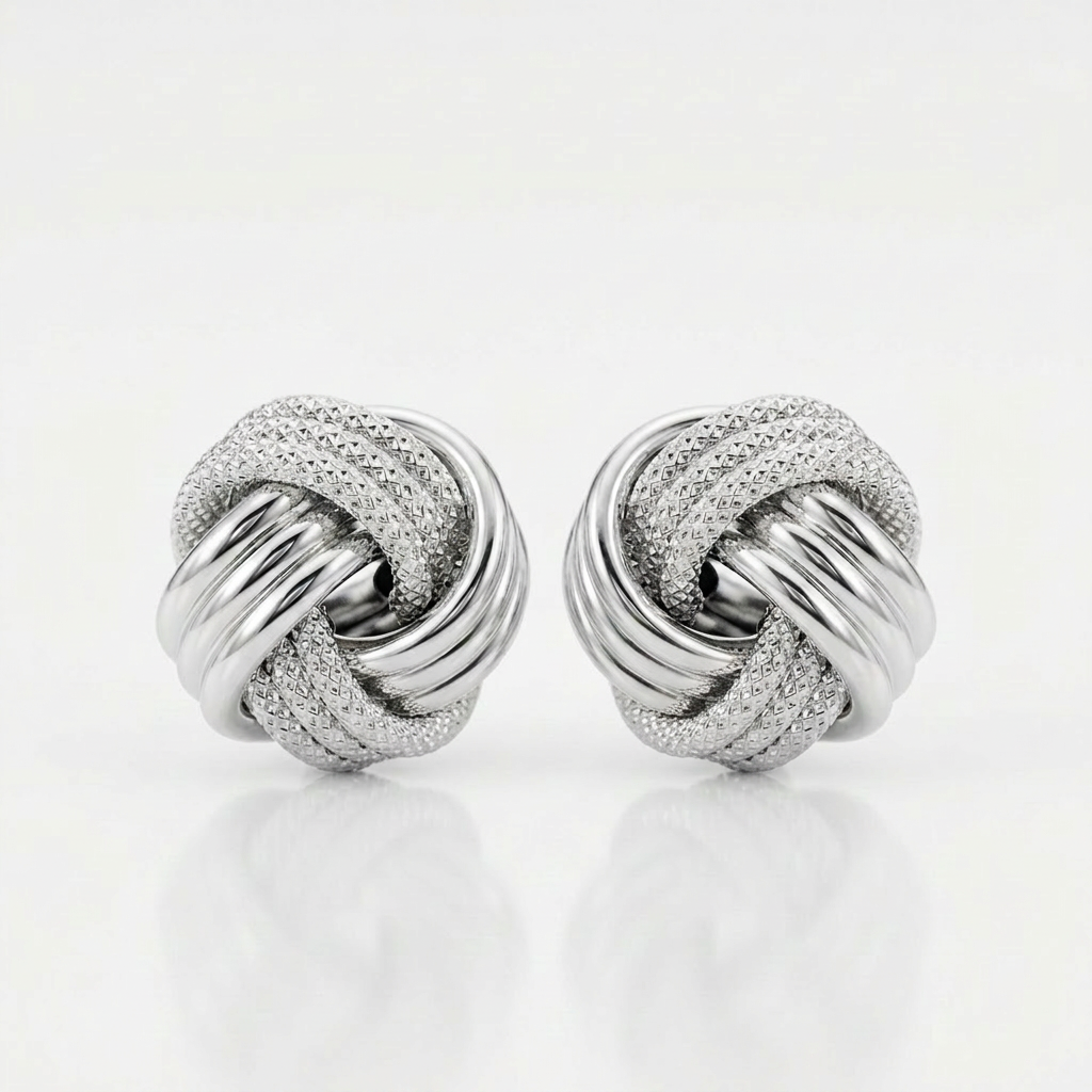 14k White Gold Love Knot with Ridge Texture Earrings