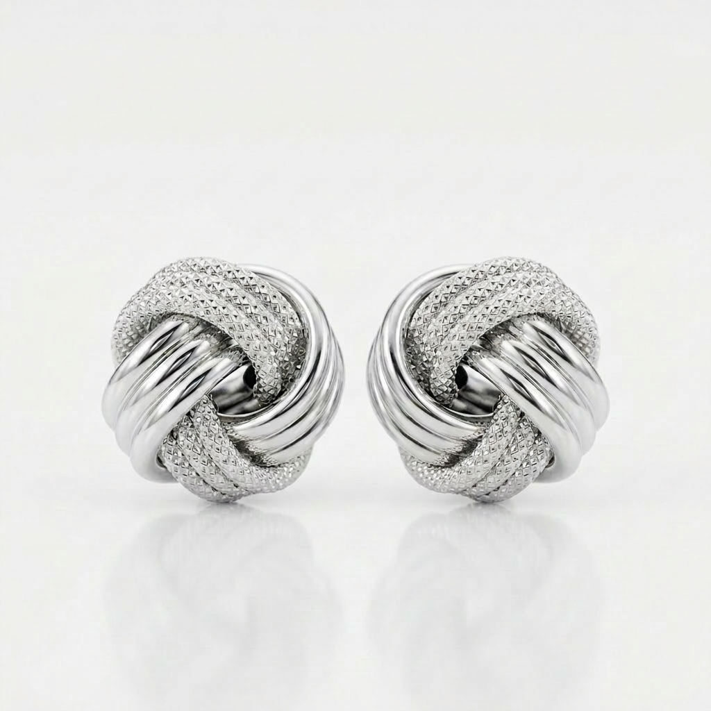 14k White Gold Love Knot with Ridge Texture Earrings