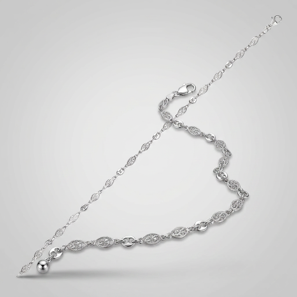 Sterling Silver Anklet with Marquise Leaf Motifs