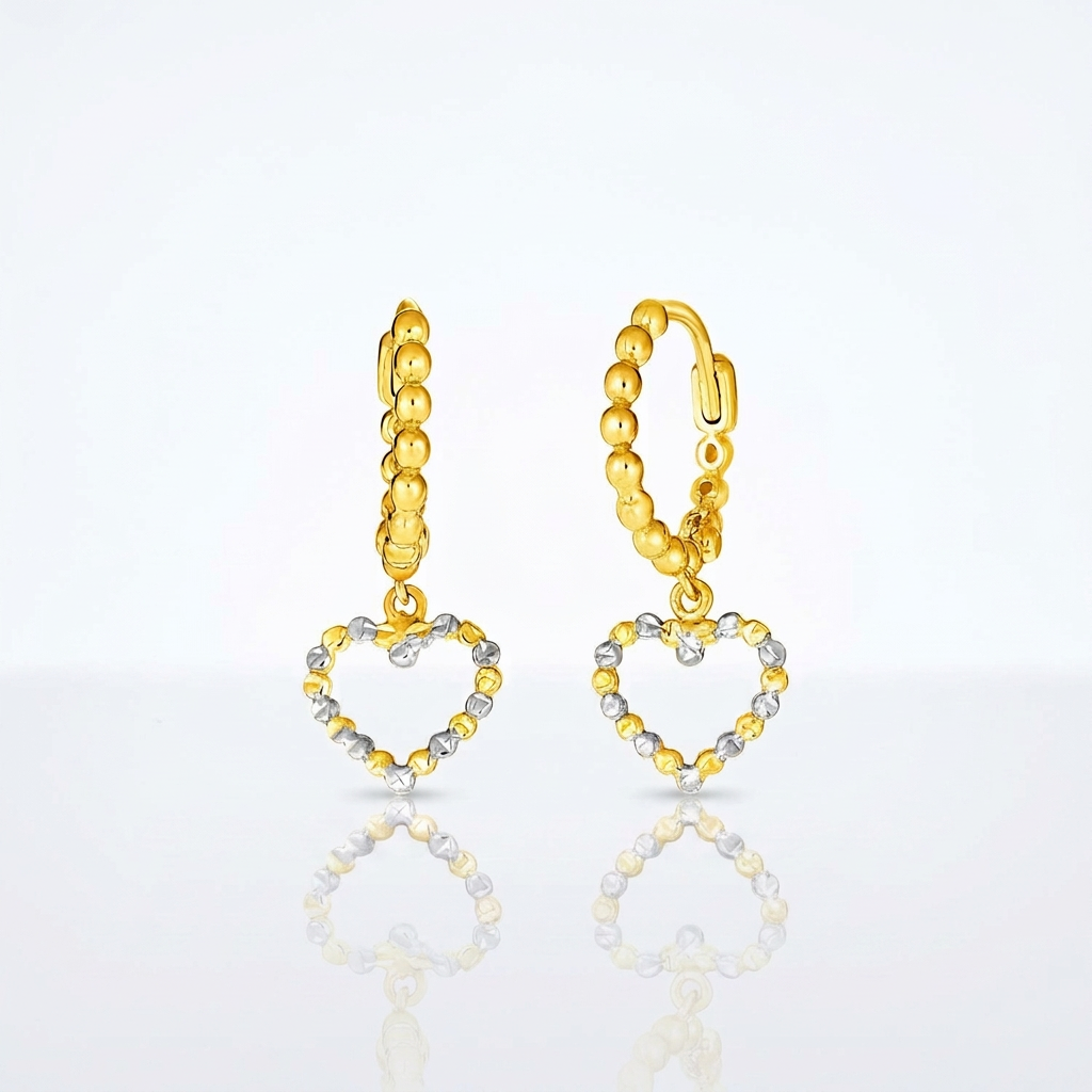 14k Two Tone Gold Beaded Hoop Earrings with Hearts