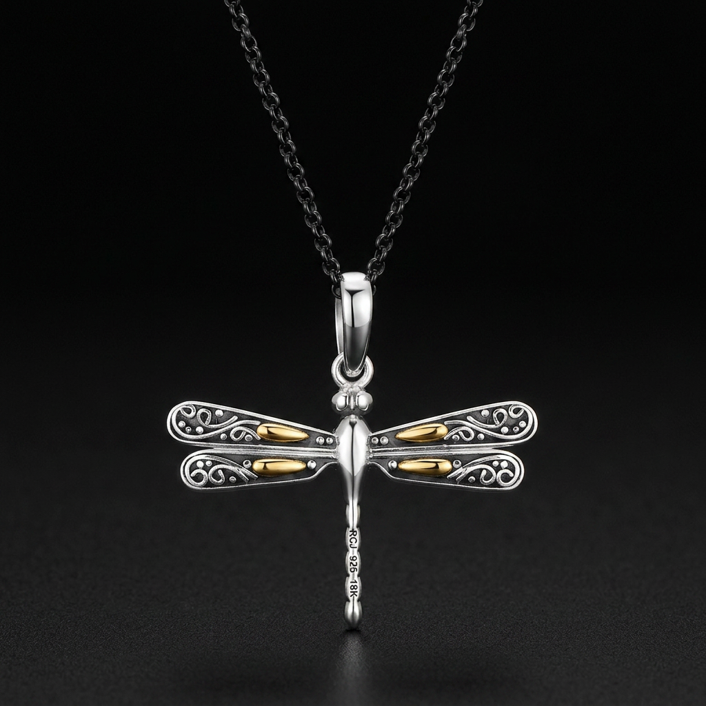 18k Yellow Gold and Sterling Silver Pendant in a Dragonfly Design