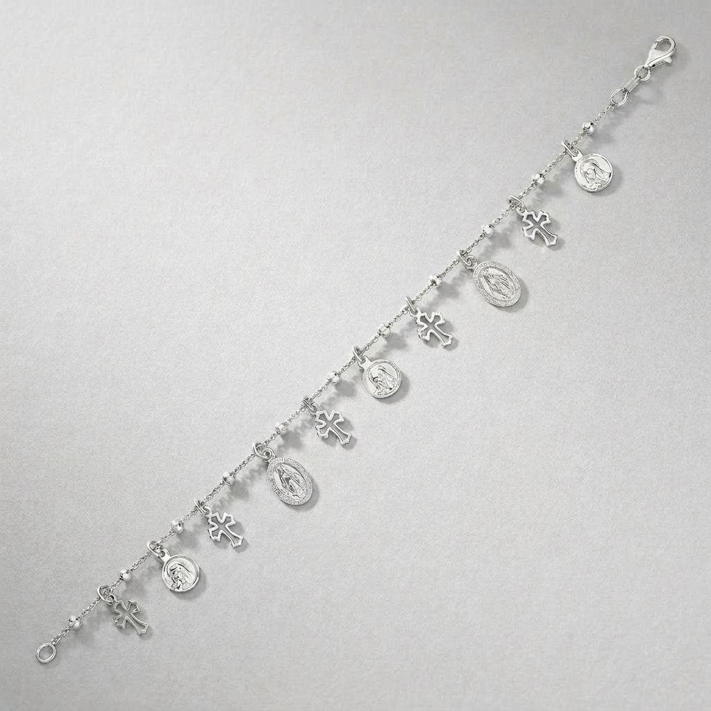 Sterling Silver 7 1/4 inch Bracelet with Crosses and Religious Medal Charms
