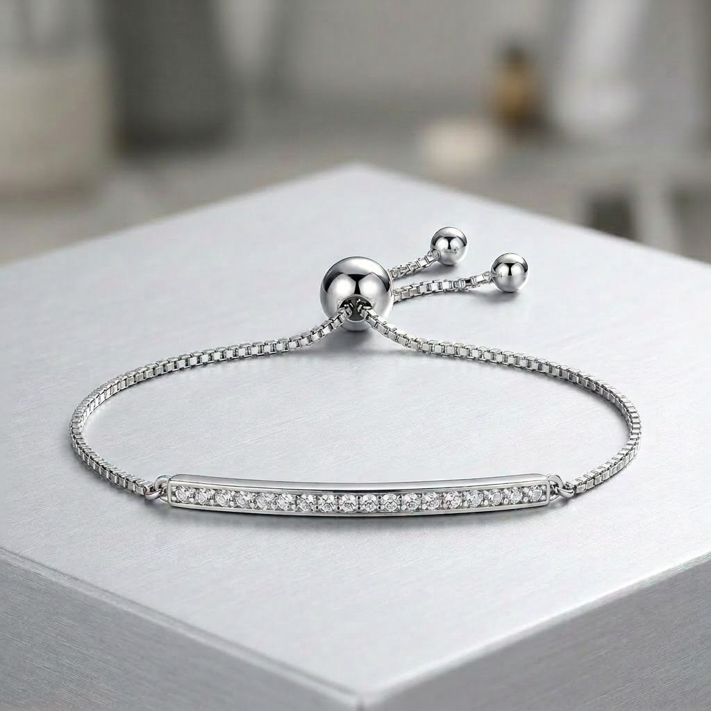 Adjustable Bar Bracelet with Cubic Zirconia in Sterling Silver