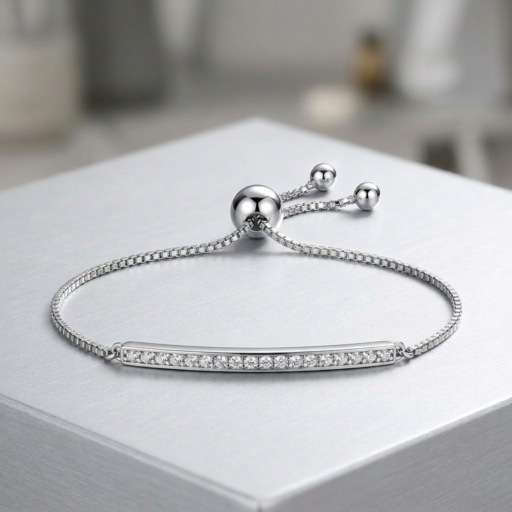 Adjustable Bar Bracelet with Cubic Zirconia in Sterling Silver