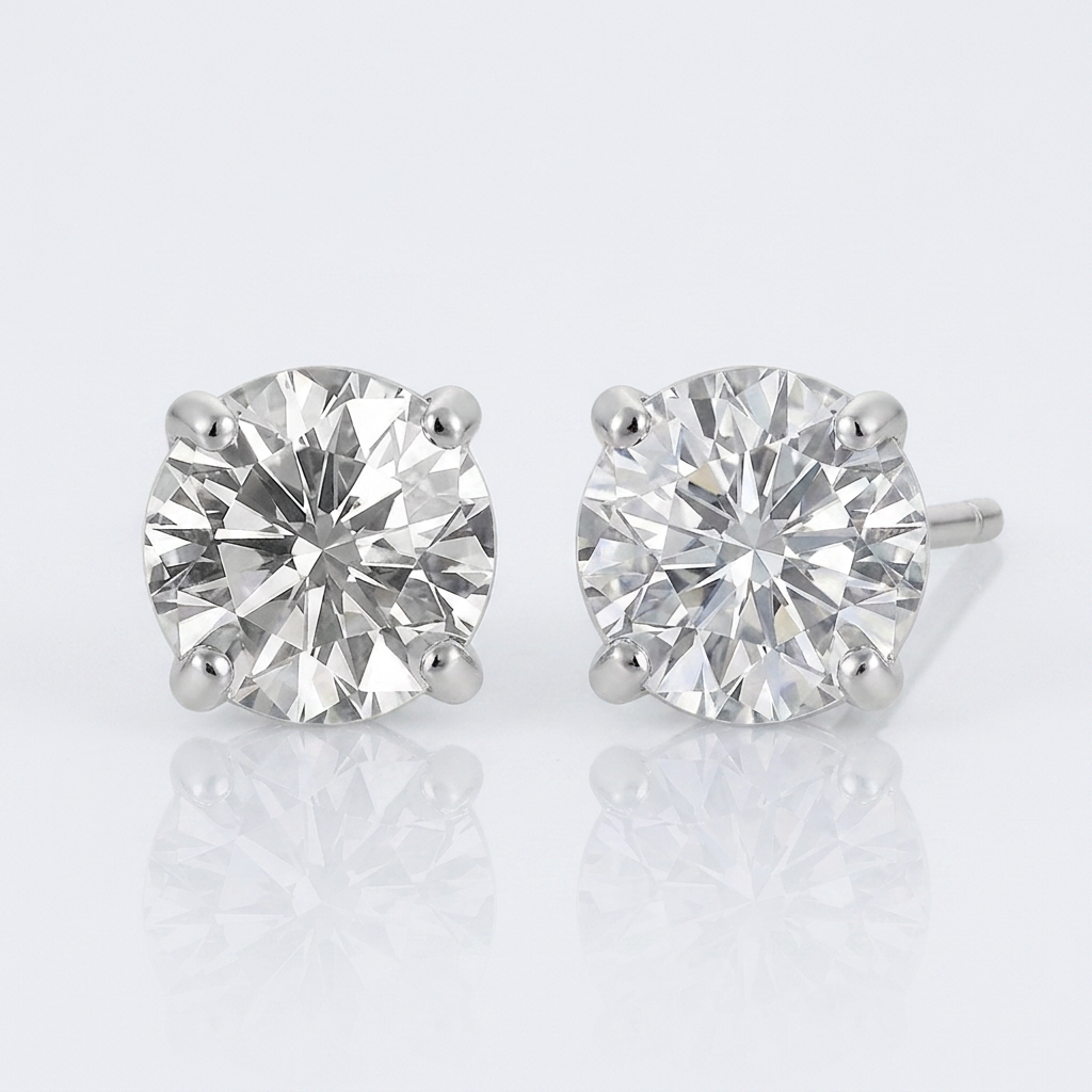 14k White Gold Stud Earrings with White Hue Faceted Cubic Zirconia