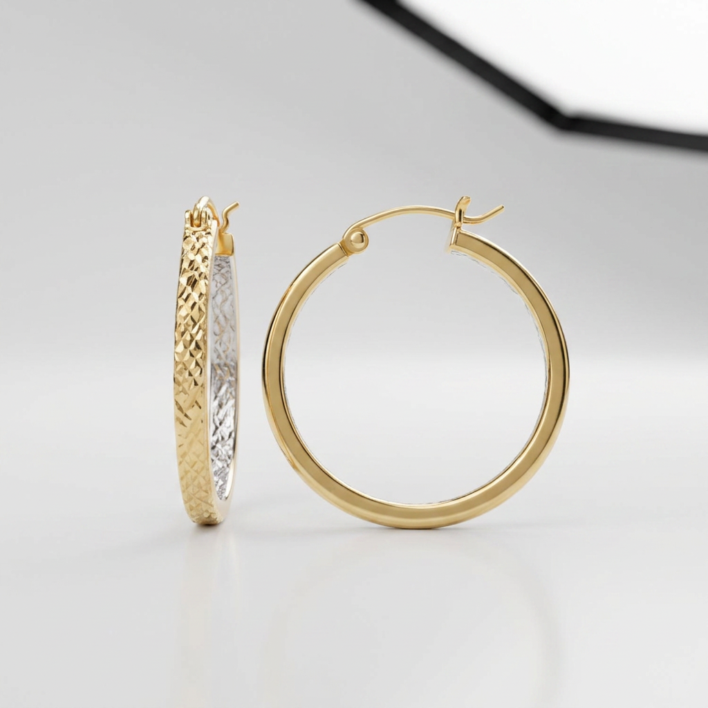 Two-Tone Yellow and White Gold Petite Patterned Hoop Earrings