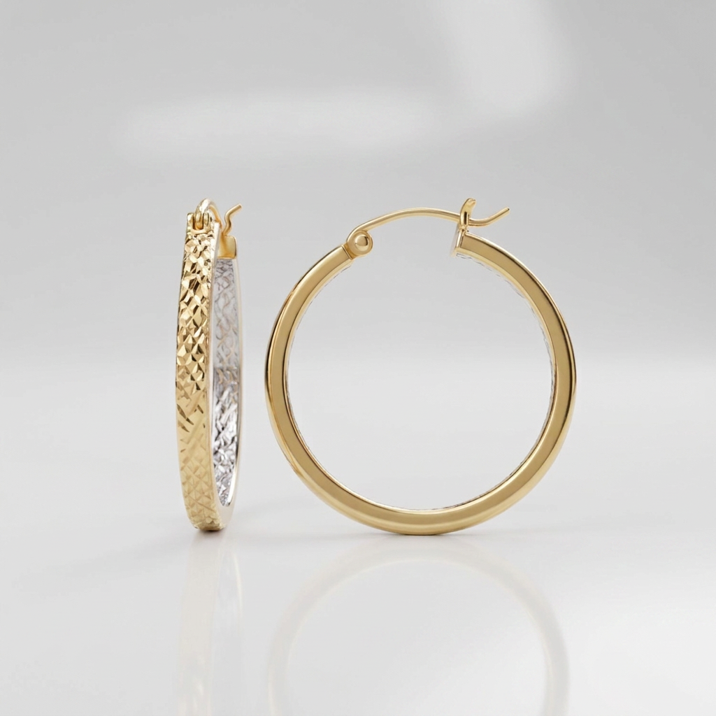 Two-Tone Yellow and White Gold Petite Patterned Hoop Earrings