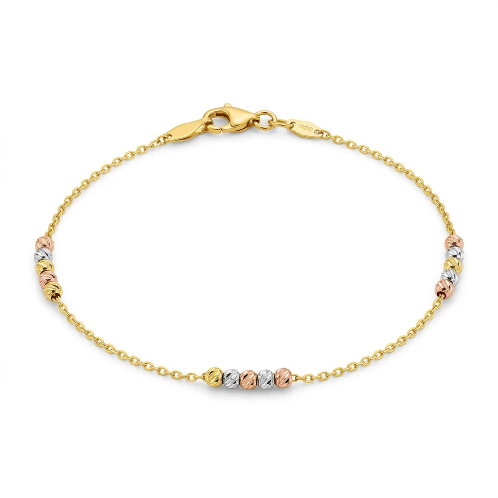 14k Tri Color Gold Anklet with Textured Beads