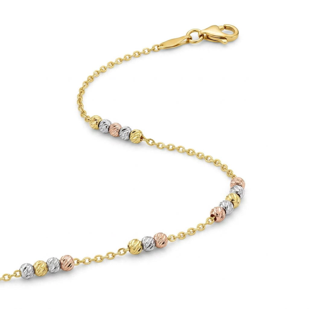 14k Tri Color Gold Anklet with Textured Beads