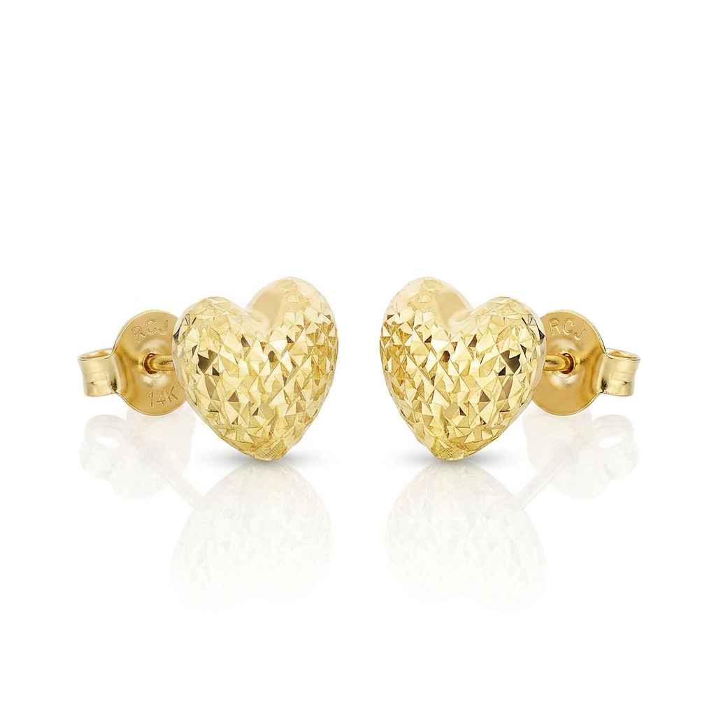 14k Yellow Gold Puffed Heart Earrings with Diamond Cuts