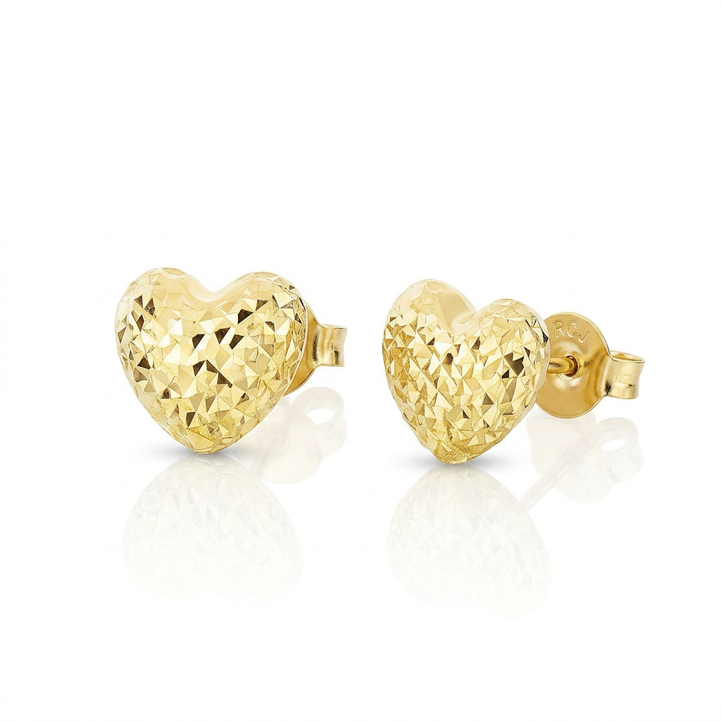 14k Yellow Gold Puffed Heart Earrings with Diamond Cuts