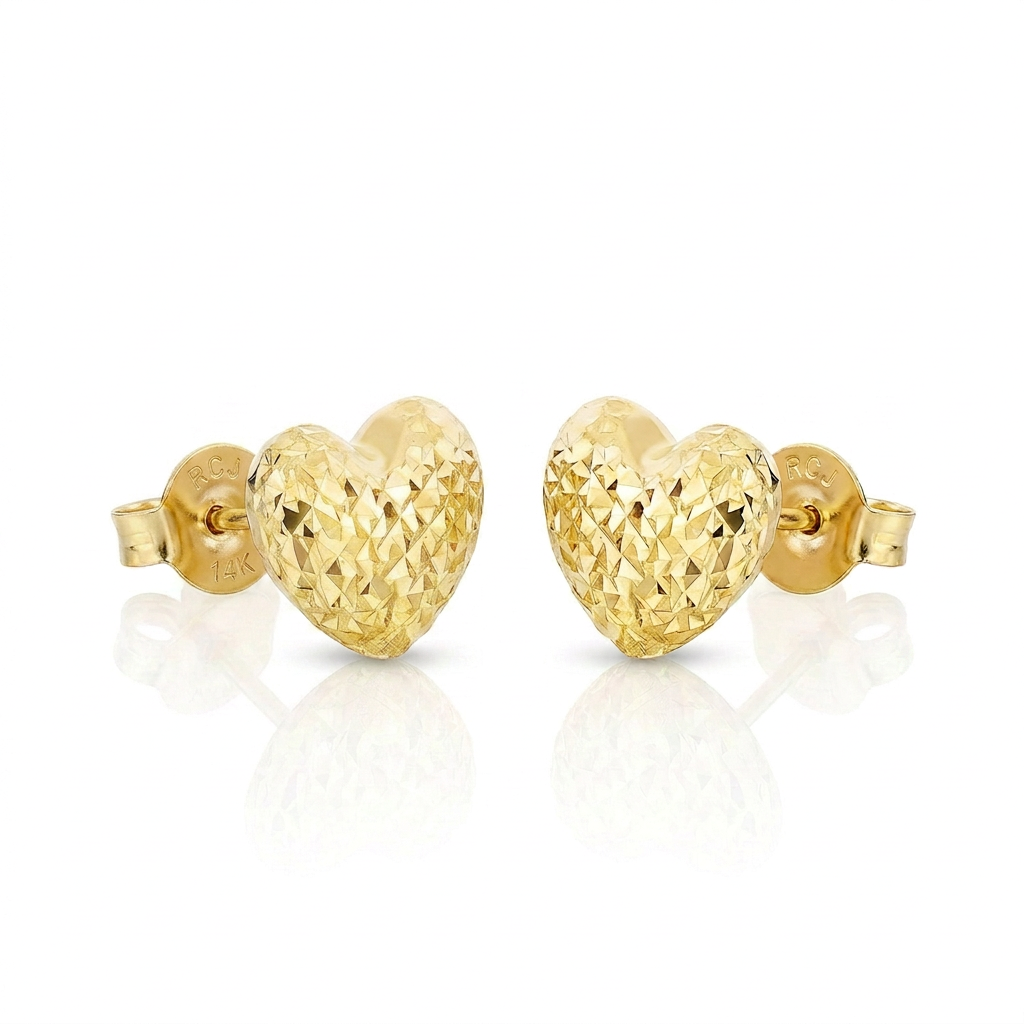 14k Yellow Gold Puffed Heart Earrings with Diamond Cuts