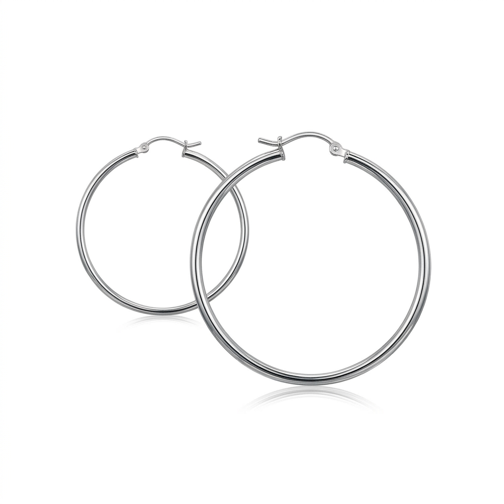 Sterling Silver Rhodium Plated Thin Large Polished Hoop Earrings (40mm)