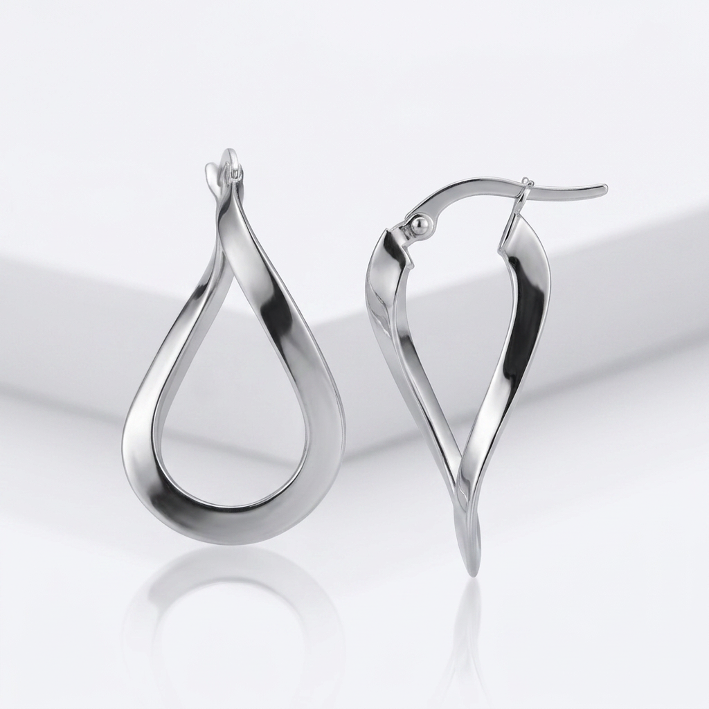 14k White Gold Twisted Freeform Hoop Earrings