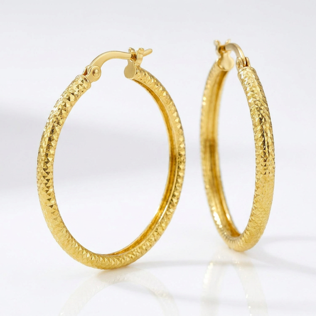 14k Yellow Gold Tube Textured Round Hoop Earrings