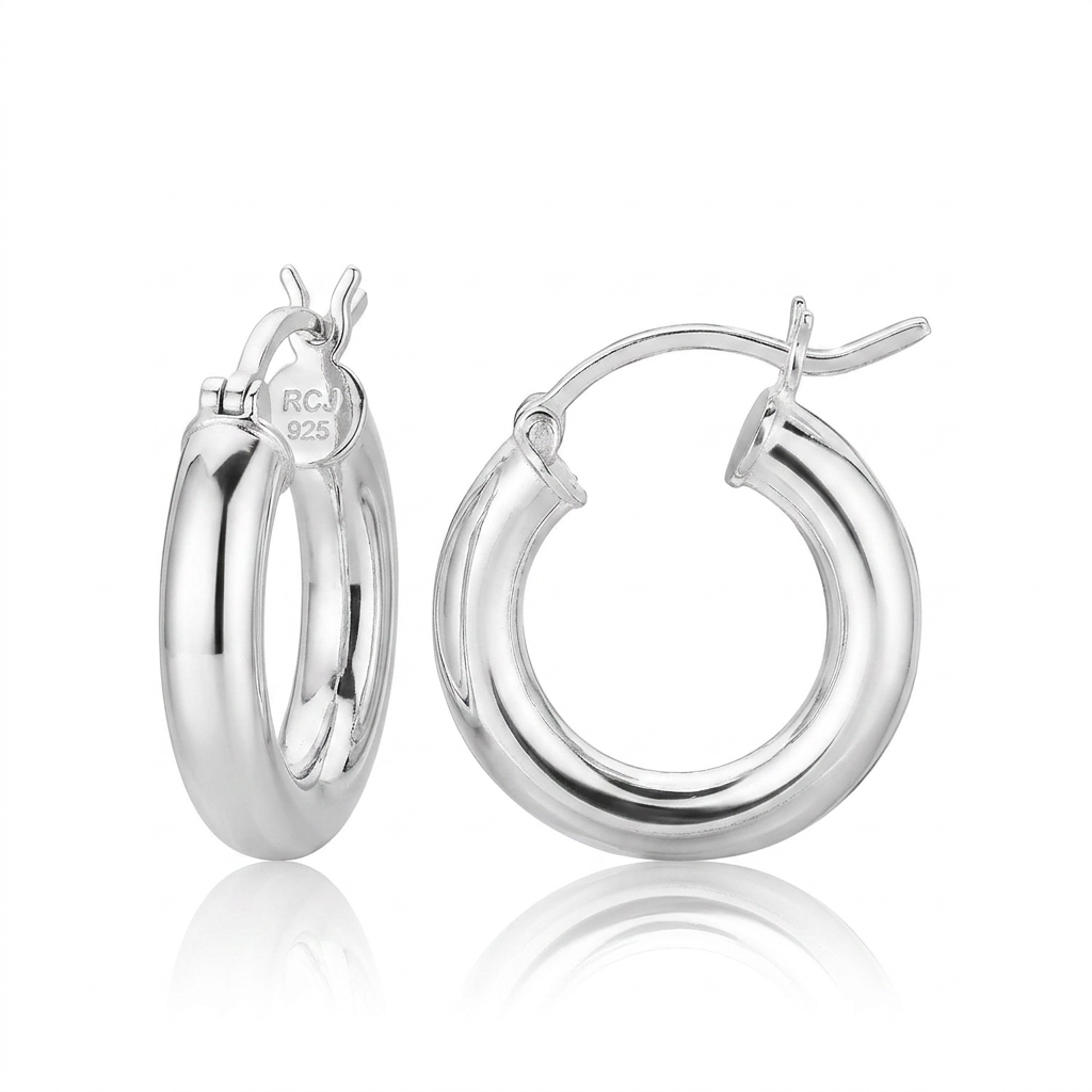 Sterling Silver Thick Polished Hoop Earrings with Rhodium Plating (15mm)