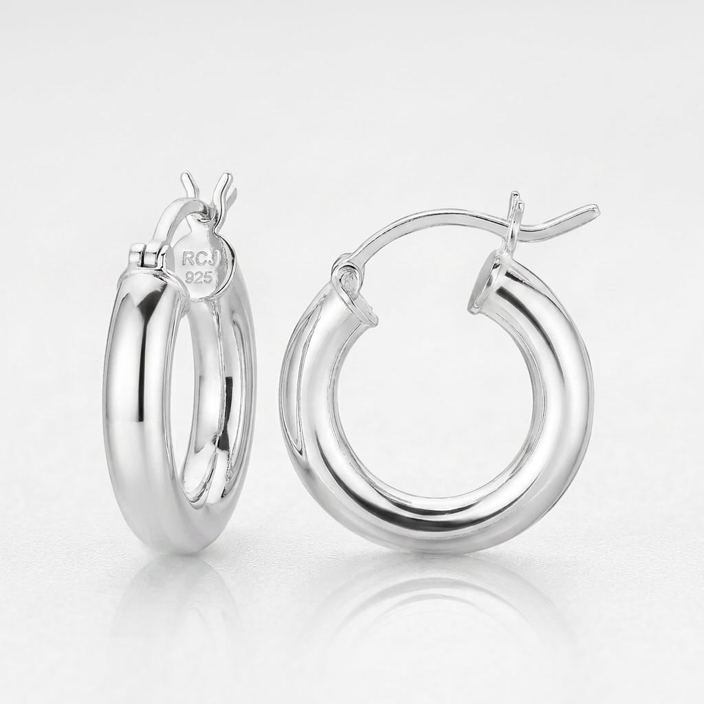 Sterling Silver Thick Polished Hoop Earrings with Rhodium Plating (15mm)