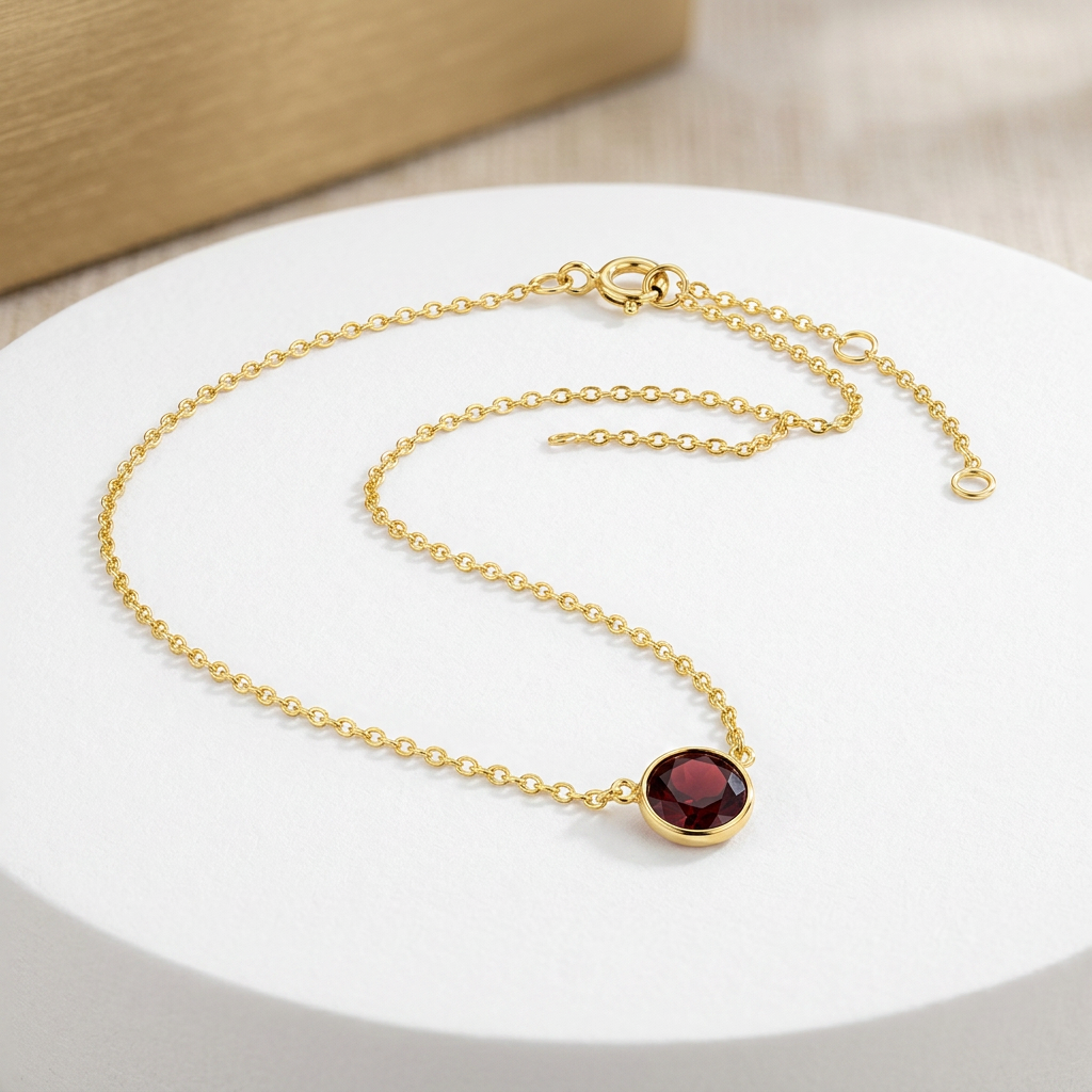 14k Yellow Gold 17 inch Necklace with Round Garnet