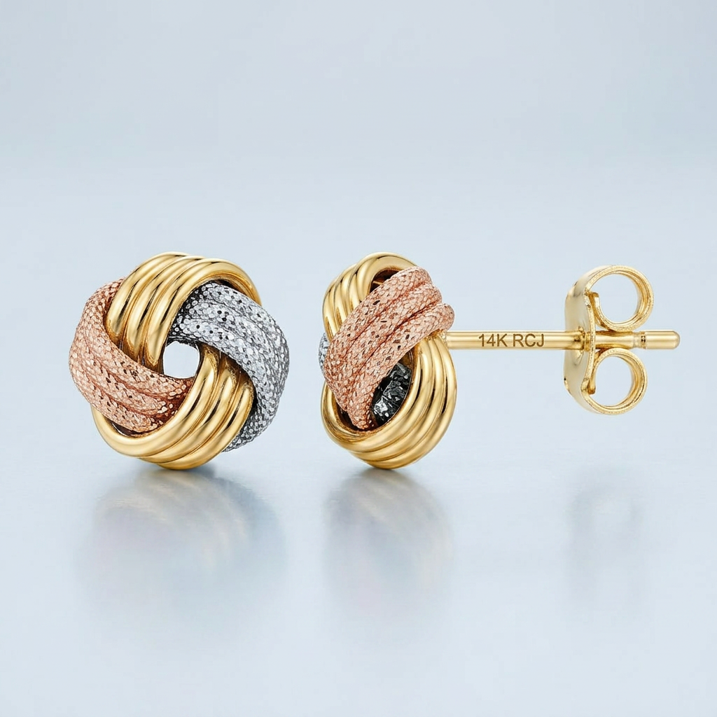 Love Knot Post Earrings in 14k Tri Color Gold