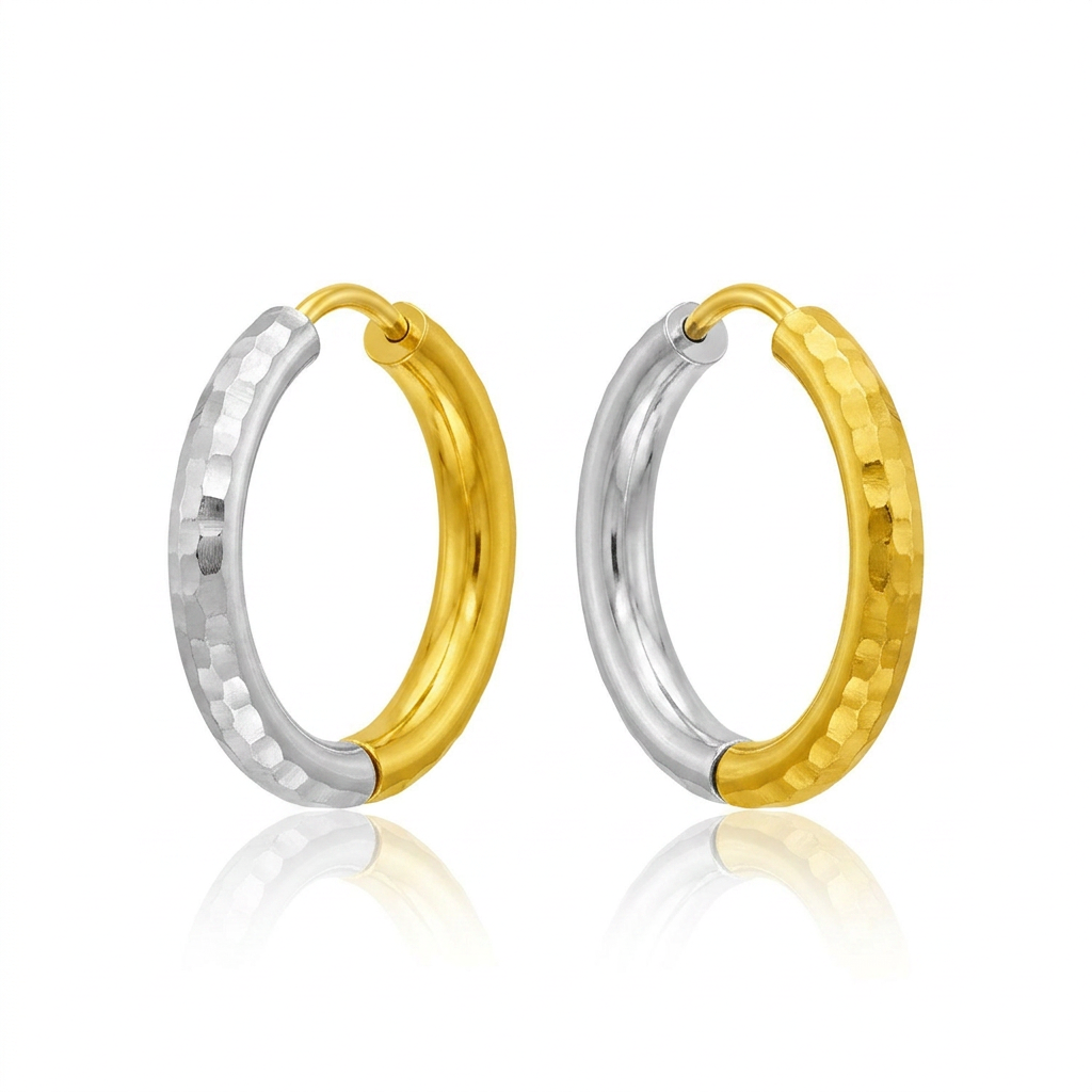 14k Two-Tone Gold Hinge Hammered Hoop Earrings