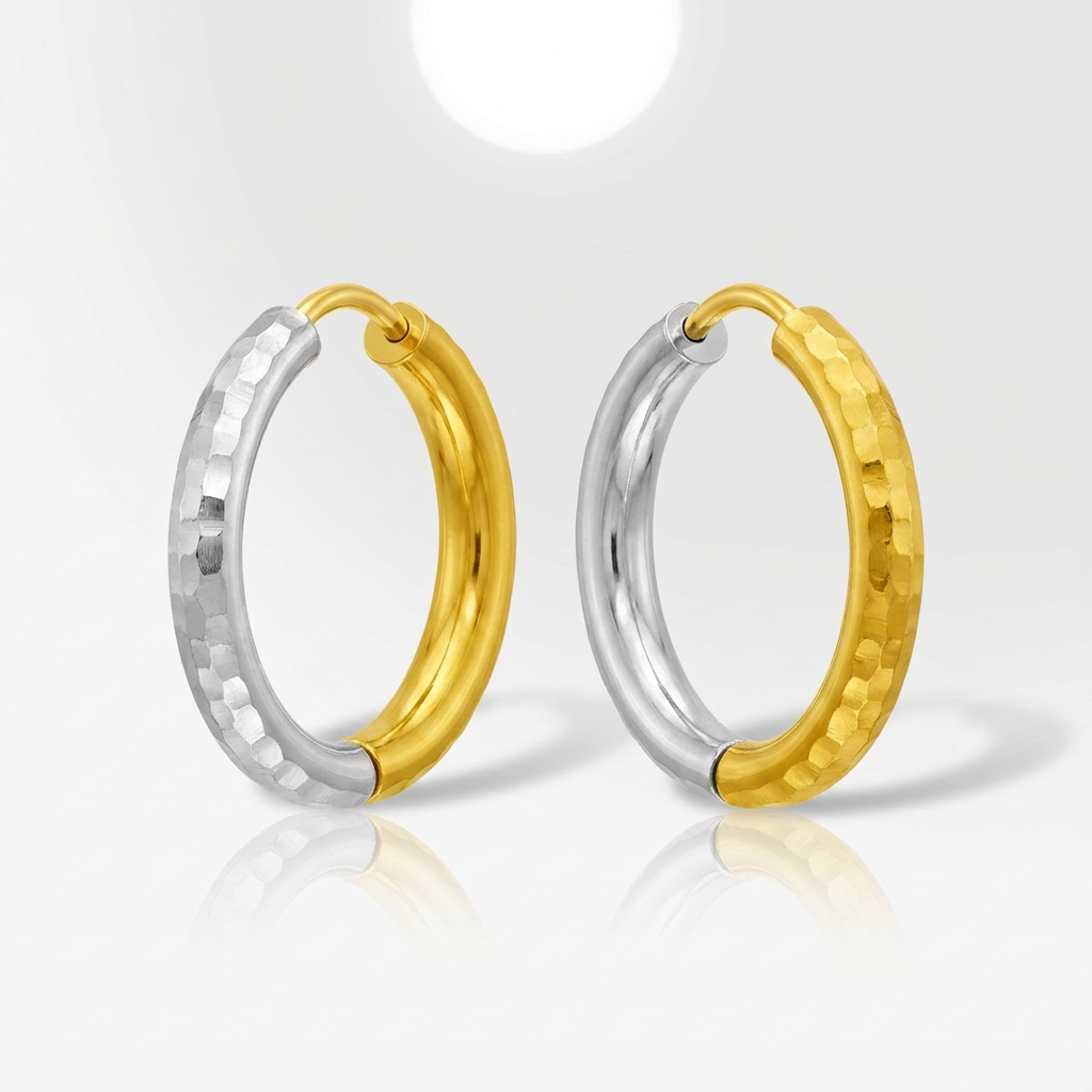 14k Two-Tone Gold Hinge Hammered Hoop Earrings
