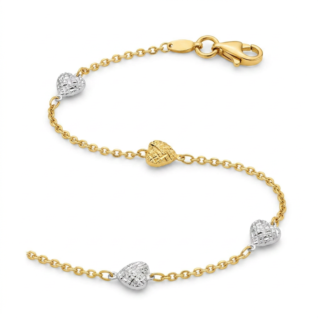 14k Two-Toned Yellow and White Gold Anklet with Textured Hearts
