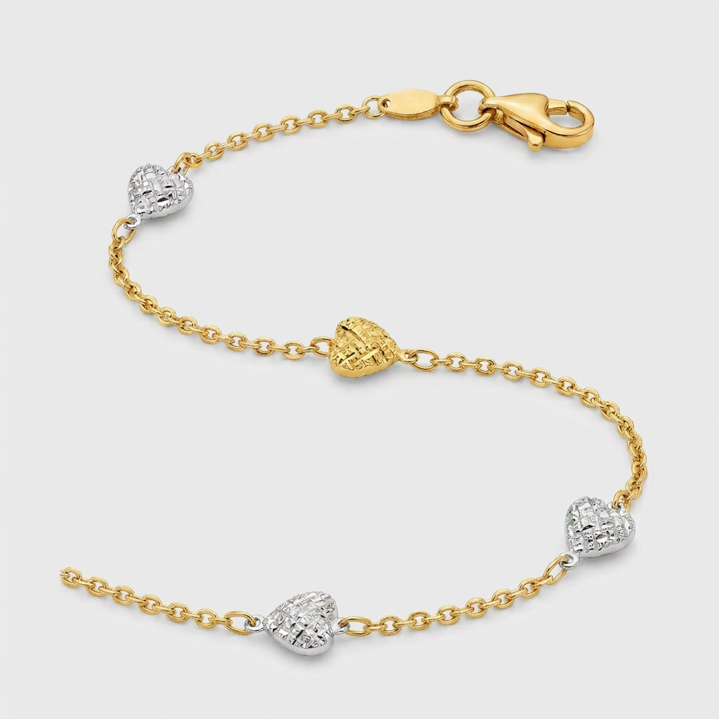 14k Two-Toned Yellow and White Gold Anklet with Textured Hearts
