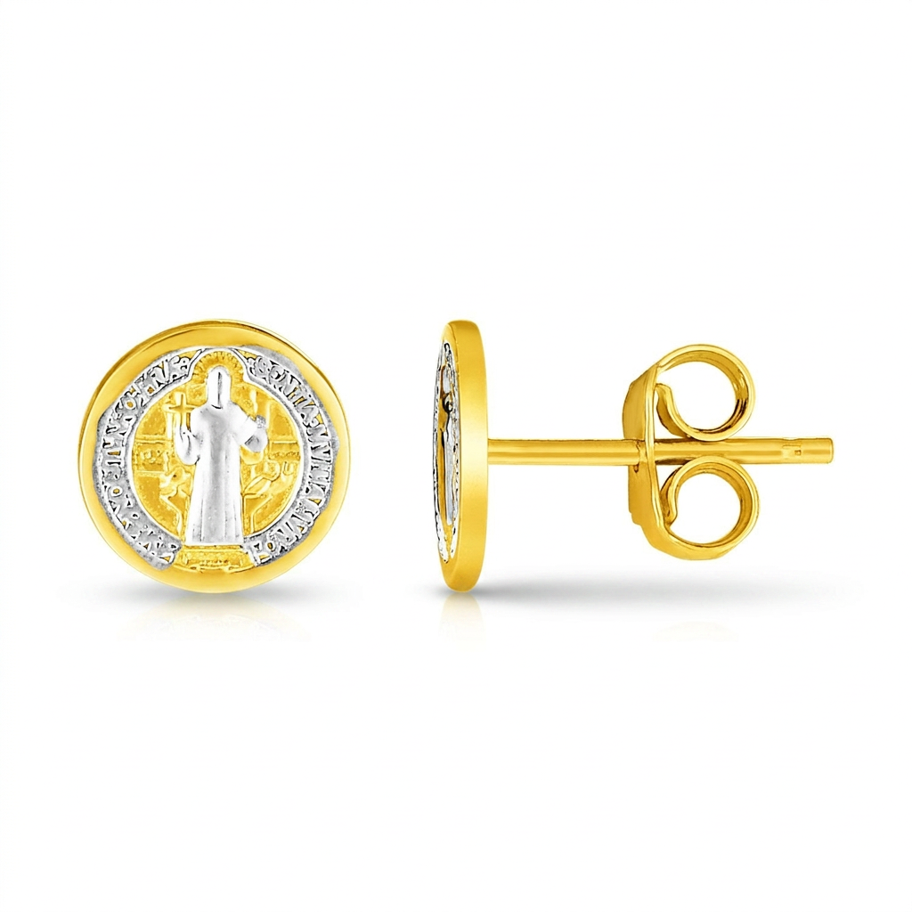 14k Two Tone Gold Round Religious Medal Post Earrings