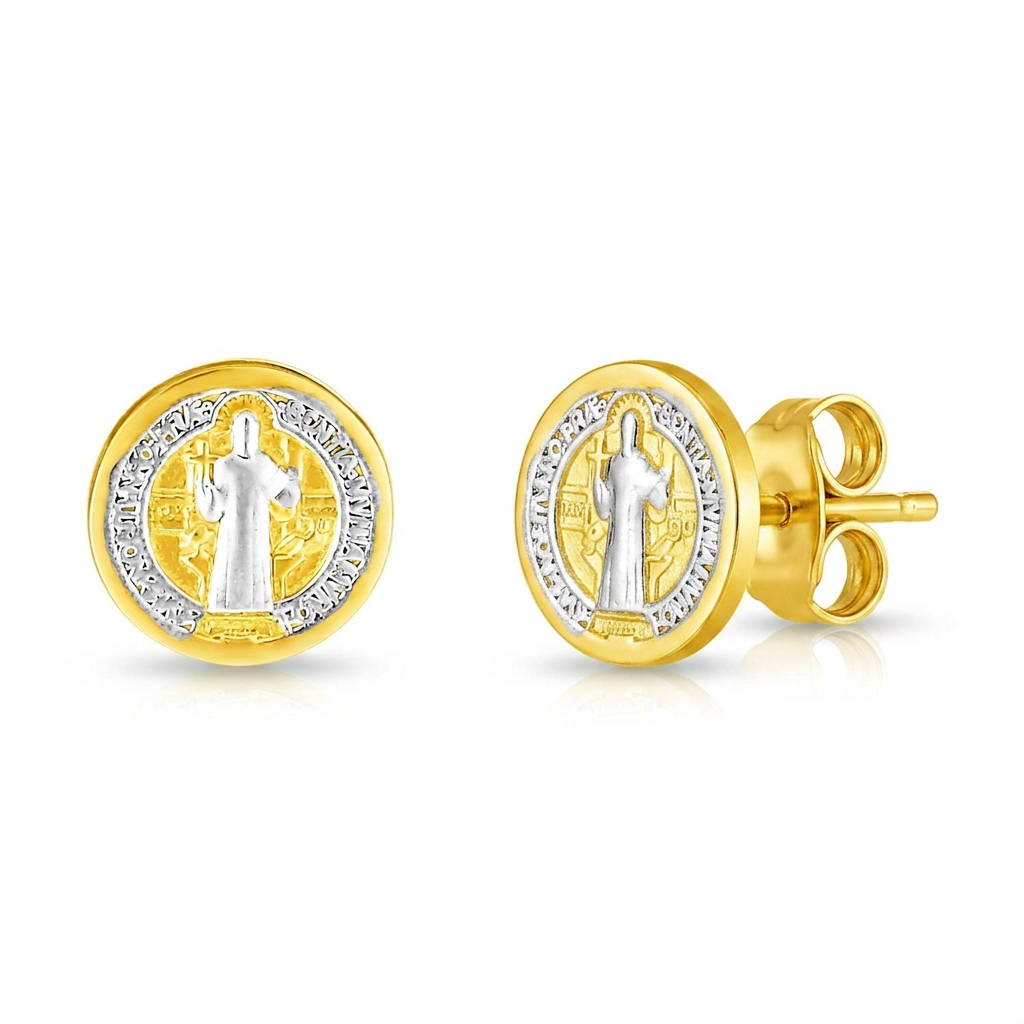 14k Two Tone Gold Round Religious Medal Post Earrings