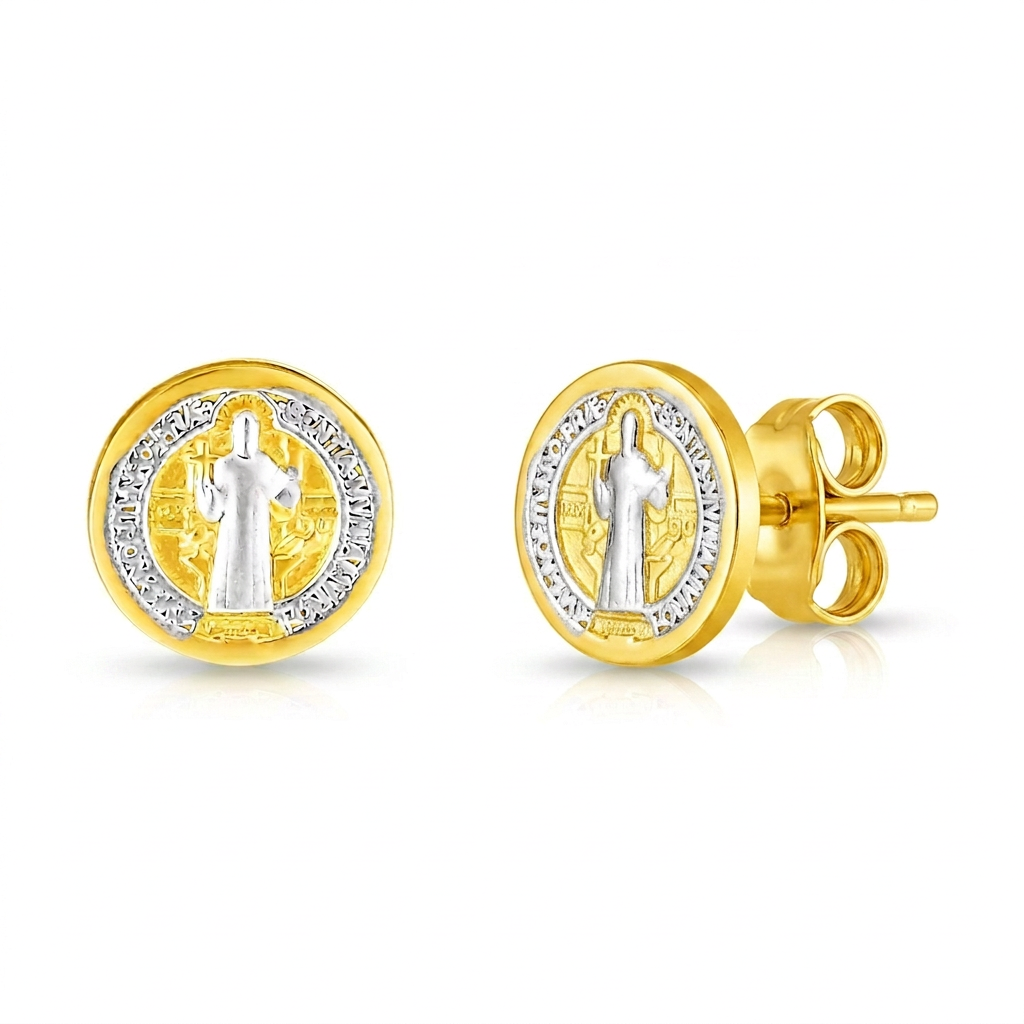 14k Two Tone Gold Round Religious Medal Post Earrings