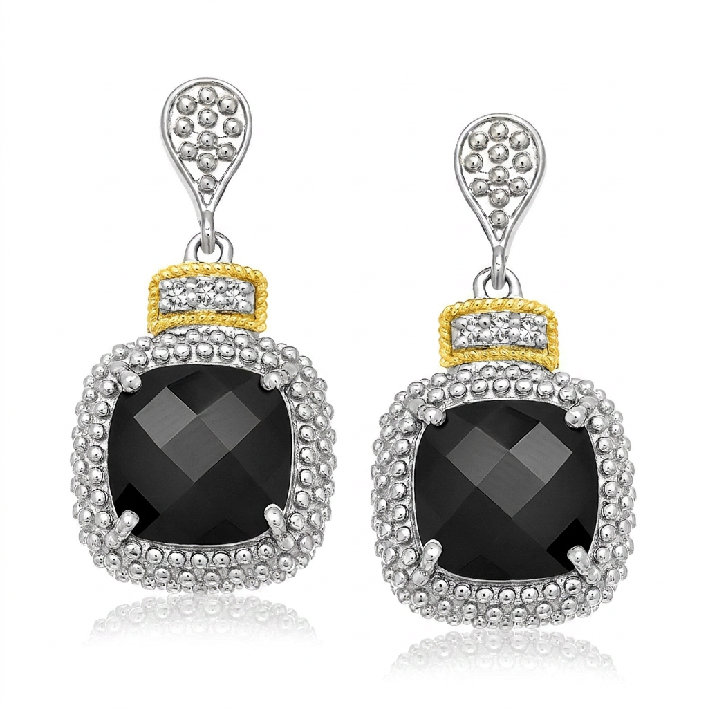 18k Yellow Gold & Sterling Silver Black Onyx & Diamond Earrings (.05cttw)