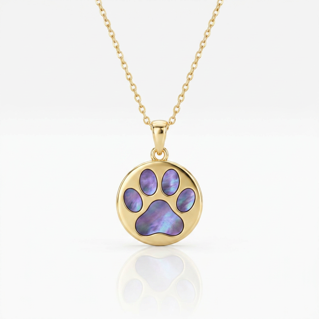 14k Yellow Gold Necklace with Dog Paw Print Symbol in Mother of Pearl