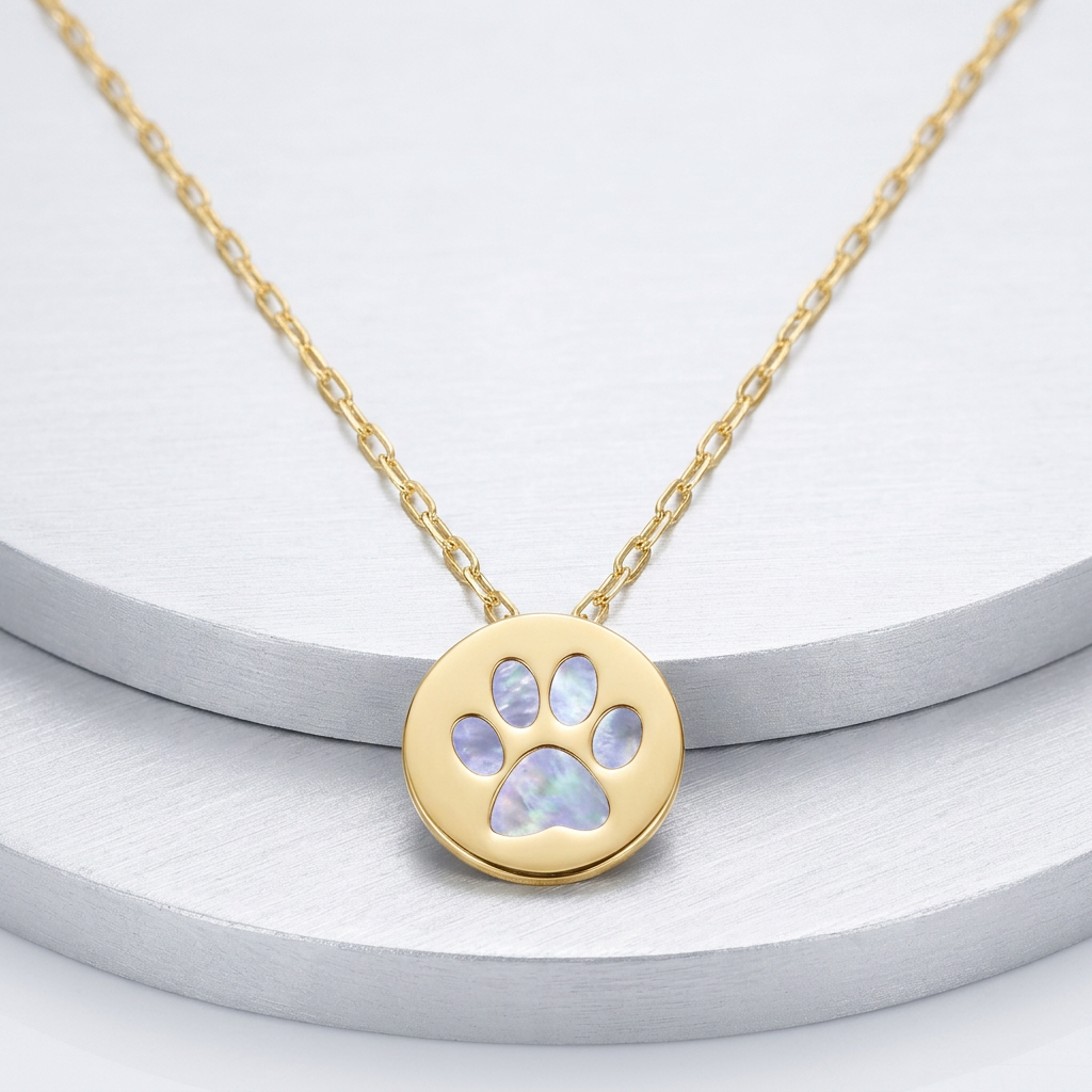 14k Yellow Gold Necklace with Dog Paw Print Symbol in Mother of Pearl