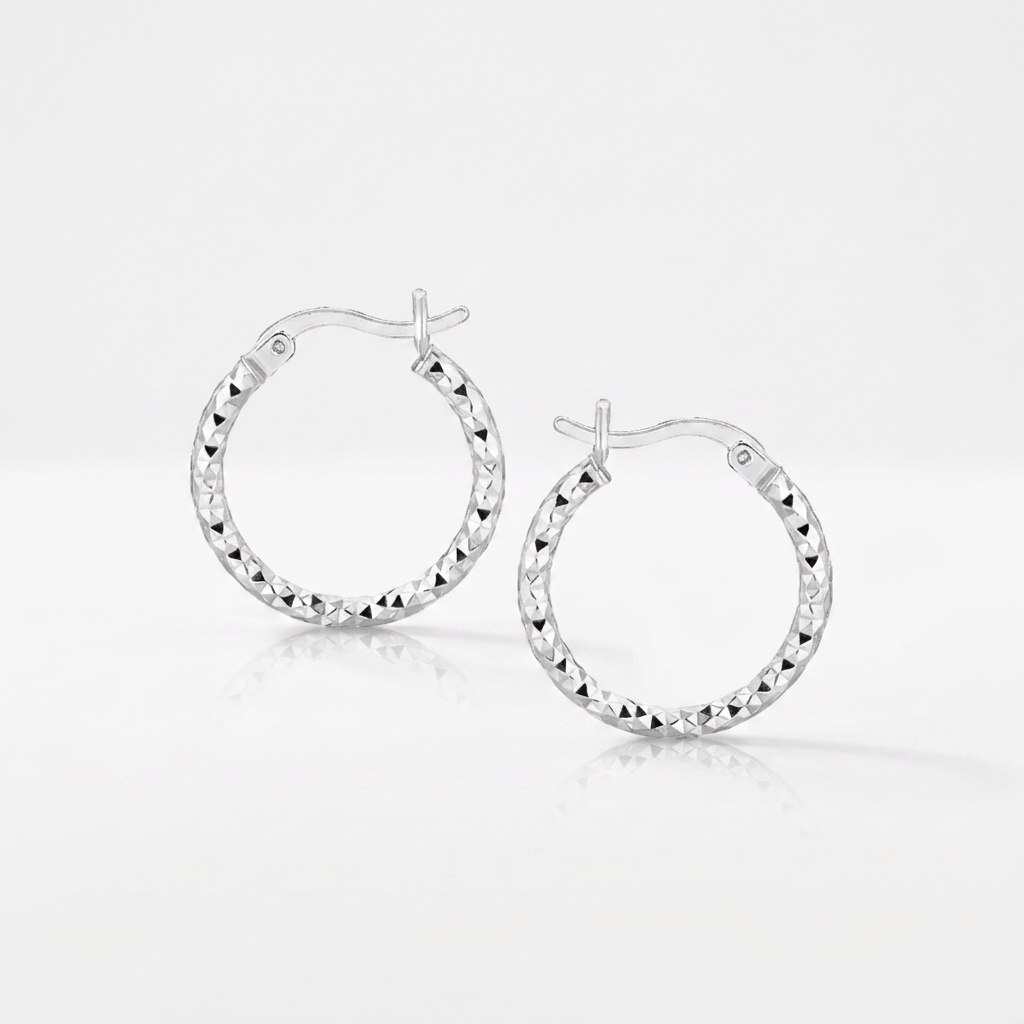 Sterling Silver Faceted Design Hoop Earrings with Rhodium Plating
