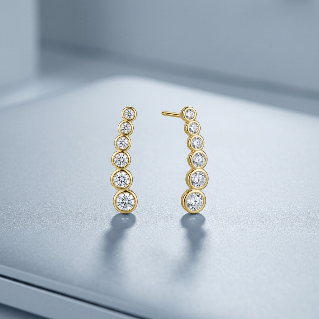 14k Yellow Gold Graduated Circles Climber Post Earrings with Cubic Zirconias