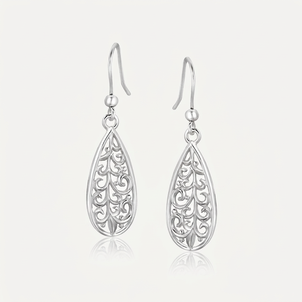 Sterling Silver Teardrop Filigree Style Drop Earrings