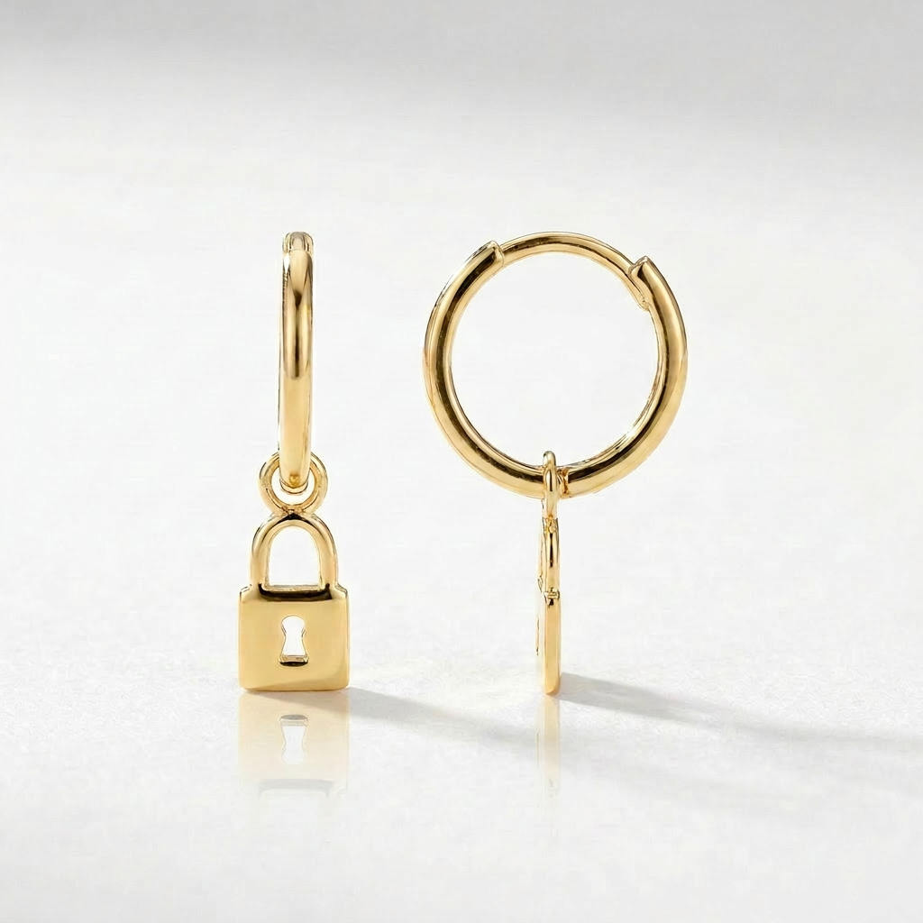 14k Yellow Gold Huggie Style Hoop Earrings with Padlock Drops
