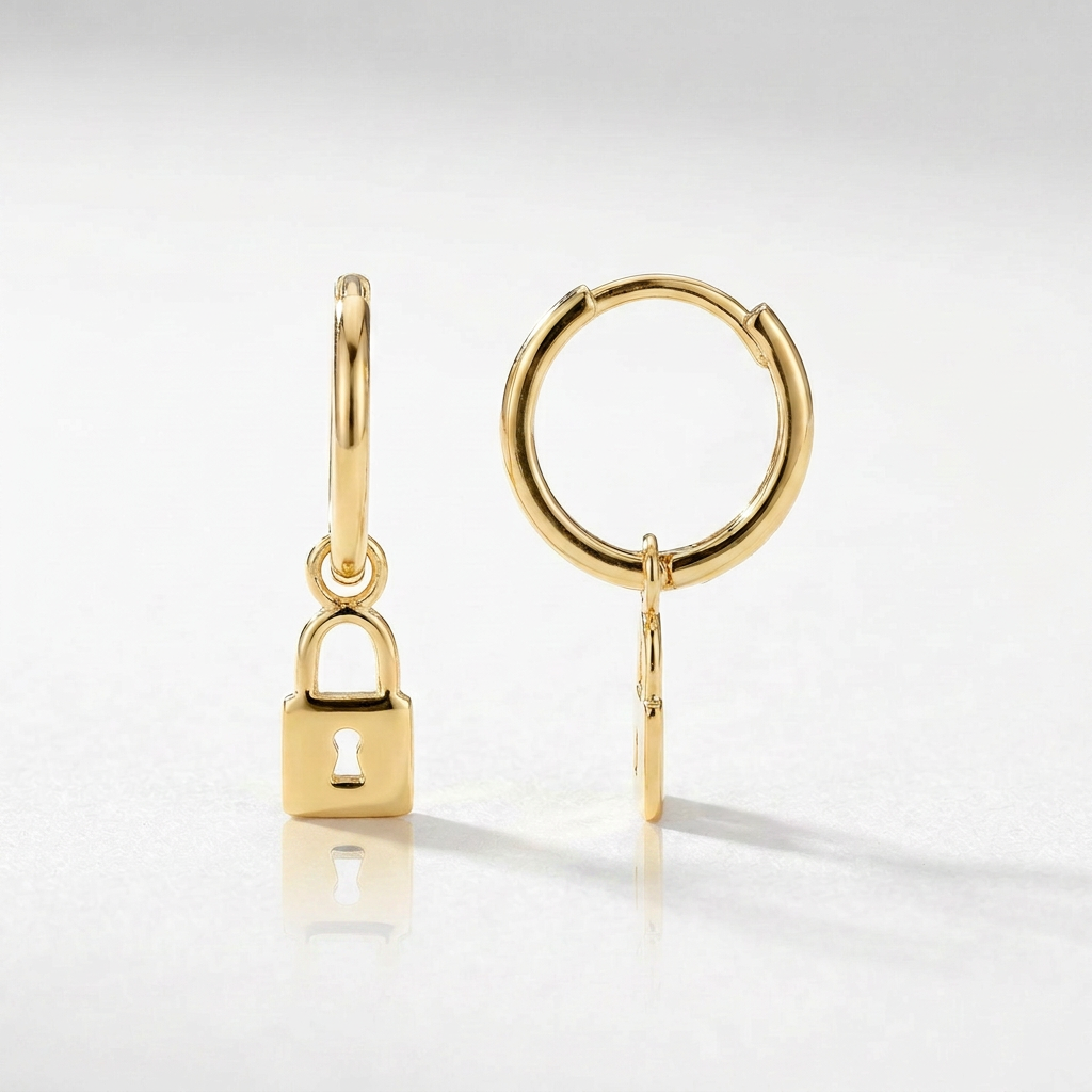 14k Yellow Gold Huggie Style Hoop Earrings with Padlock Drops