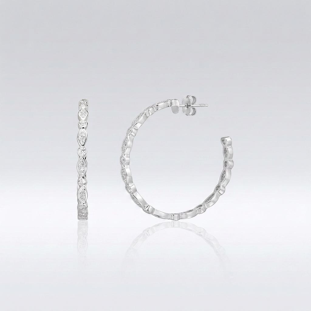 Sterling Silver Hoop Earrings with Round and Marquise Cubic Zirconias