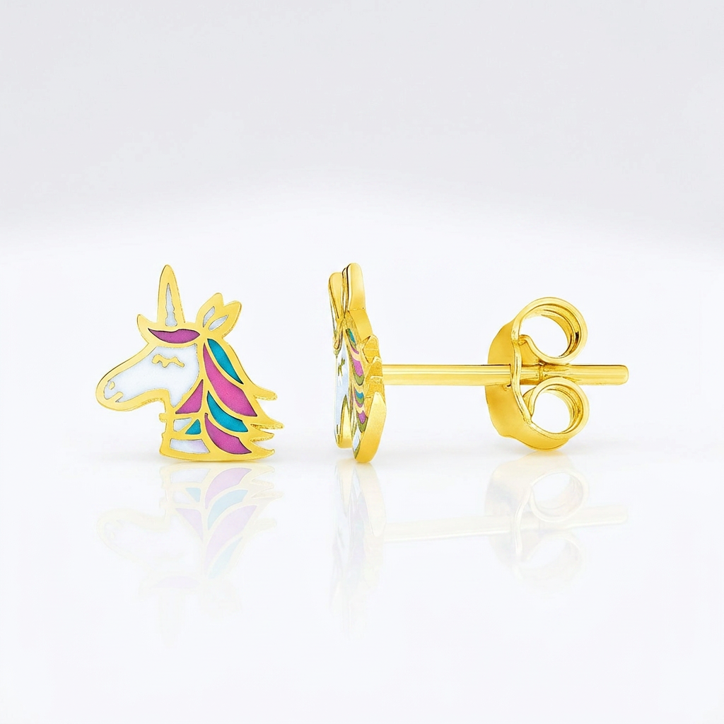 14k Yellow Gold Enameled Unicorn Childrens Earrings