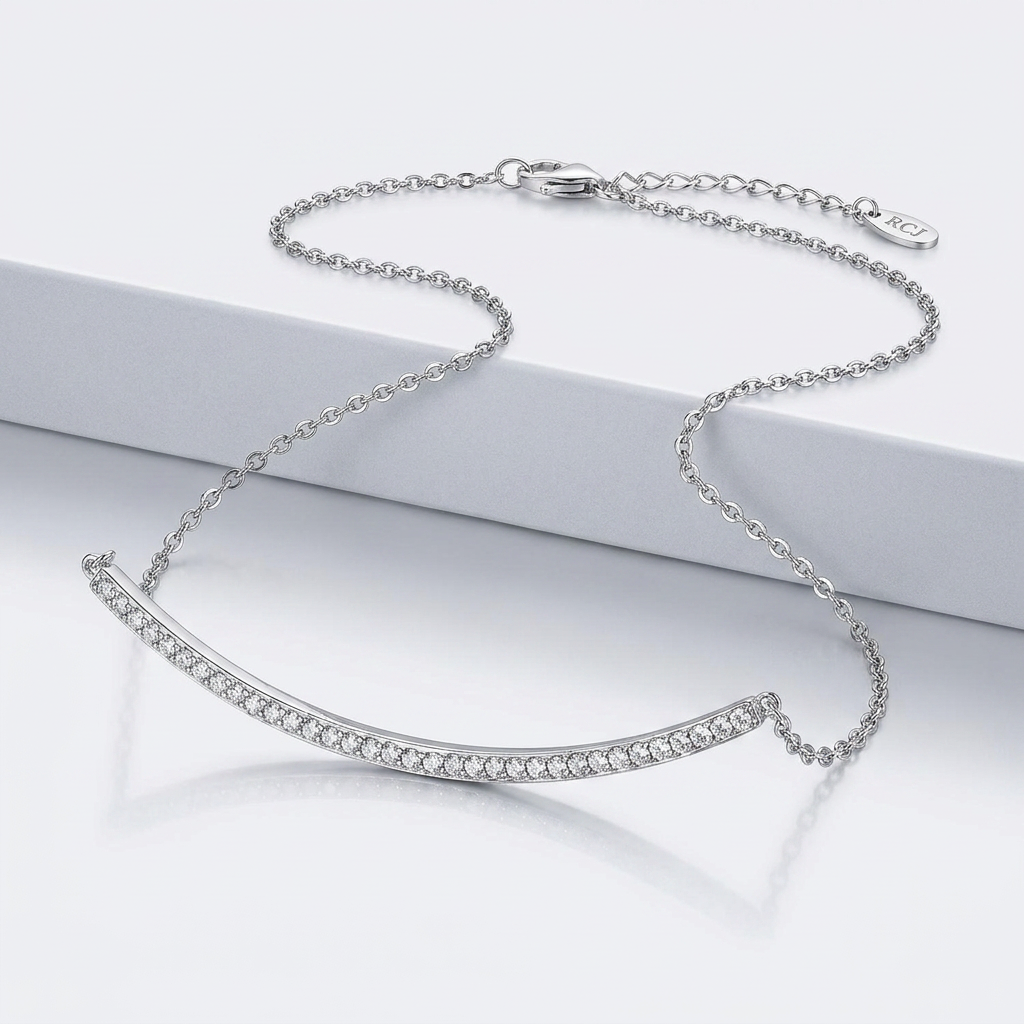 Sterling Silver Curved Bar Necklace with Cubic Zirconias
