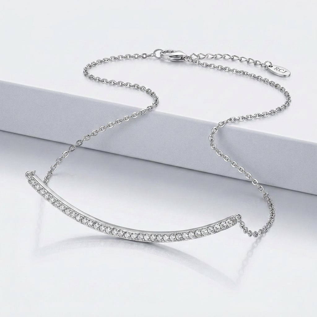 Sterling Silver Curved Bar Necklace with Cubic Zirconias