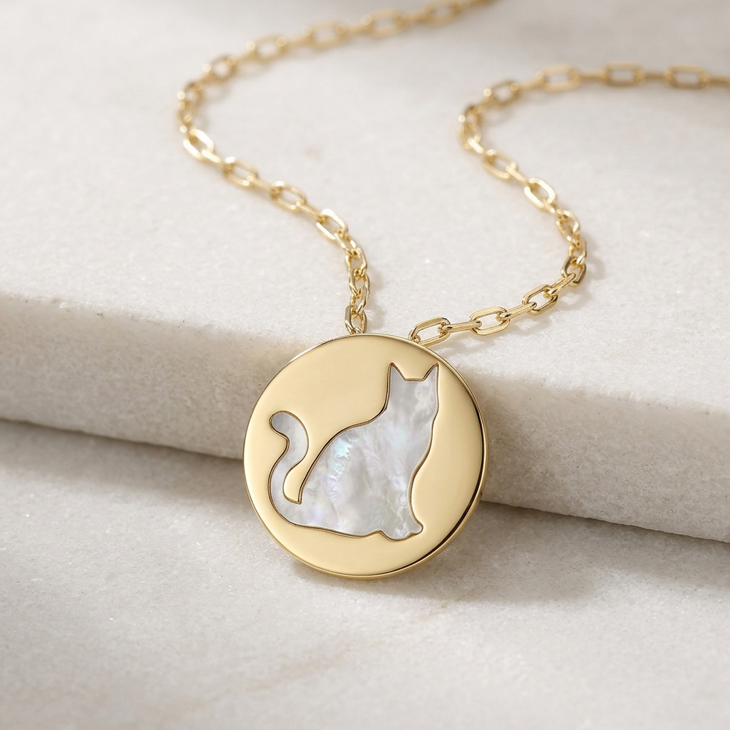 14k Yellow Gold Necklace with Cat Symbol in Mother of Pearl