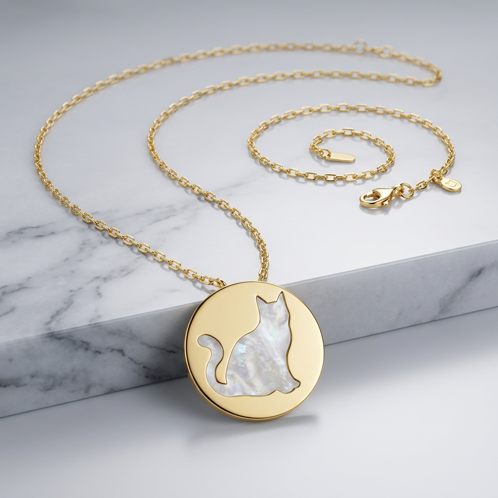 14k Yellow Gold Necklace with Cat Symbol in Mother of Pearl