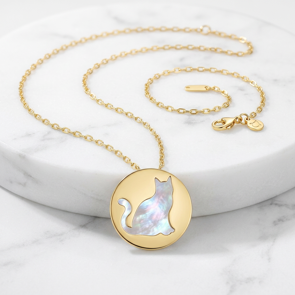 14k Yellow Gold Necklace with Cat Symbol in Mother of Pearl