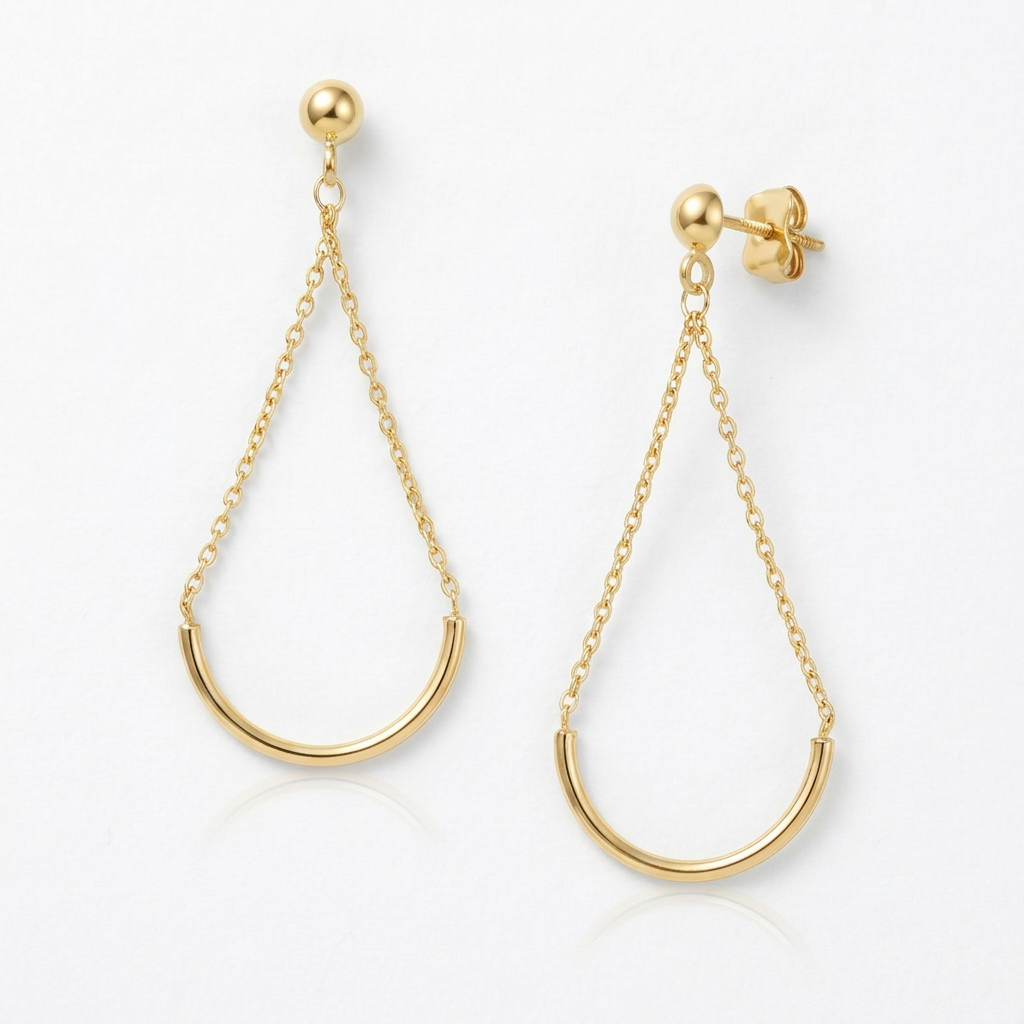 14k Yellow Gold Curved Chain Drop Earrings