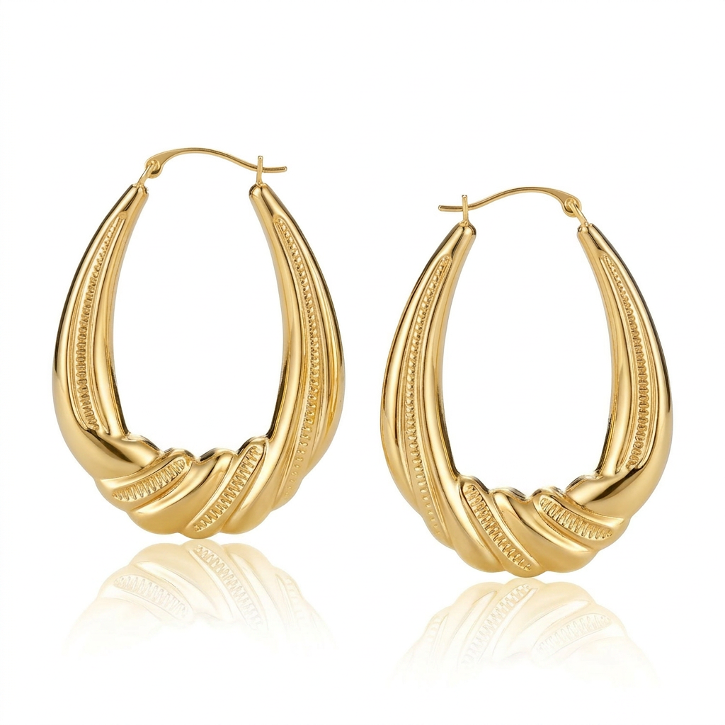 14k Yellow Gold Graduated Textured Oval Hoop Earrings
