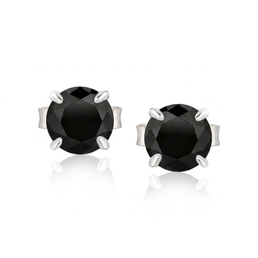 14k White Gold Stud Earrings with Black 4mm Cubic Zirconia