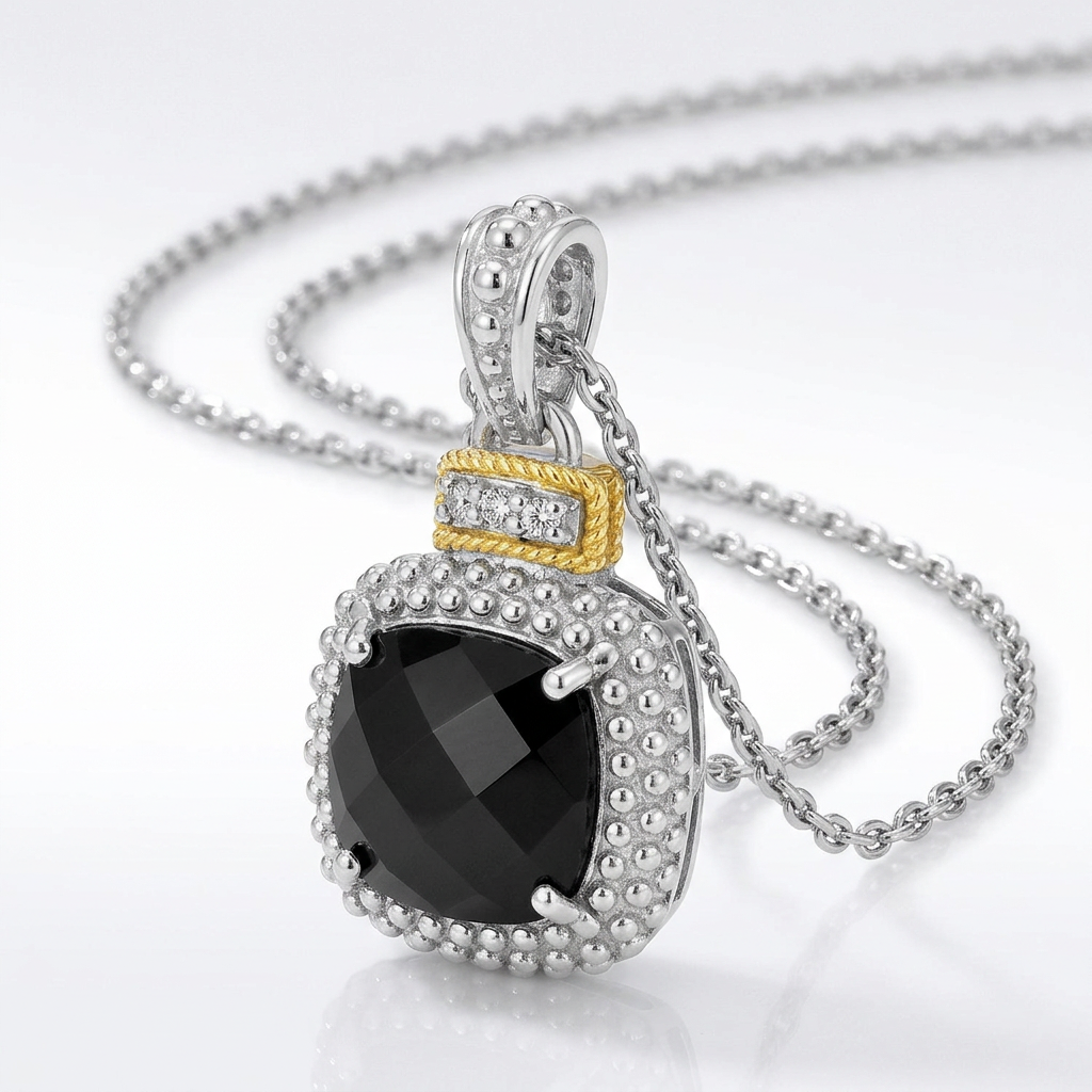 18k Yellow Gold & Sterling Silver Popcorn Cushion Black Onyx and Diamond Pendant